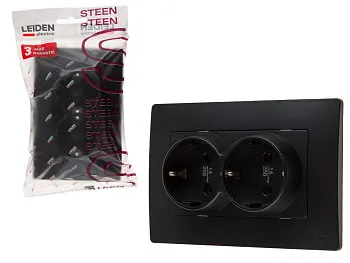 Розетка 2-ая (скрытая, с/з) черная, Steen, LEIDEN ELECTRIC