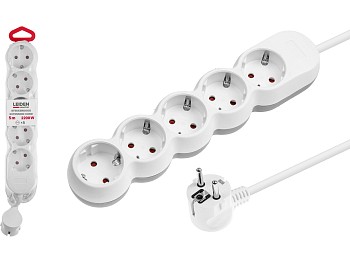 Удлинитель 5м (5 роз., 2,2кВт, с/з, ПВС 3х0,75) LEIDEN ELECTRIC