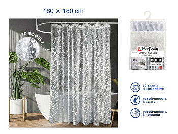 Шторка для ванной (12 колец в комплекте), 180х180 см, Aura, 3D роса, PERFECTO LINEA